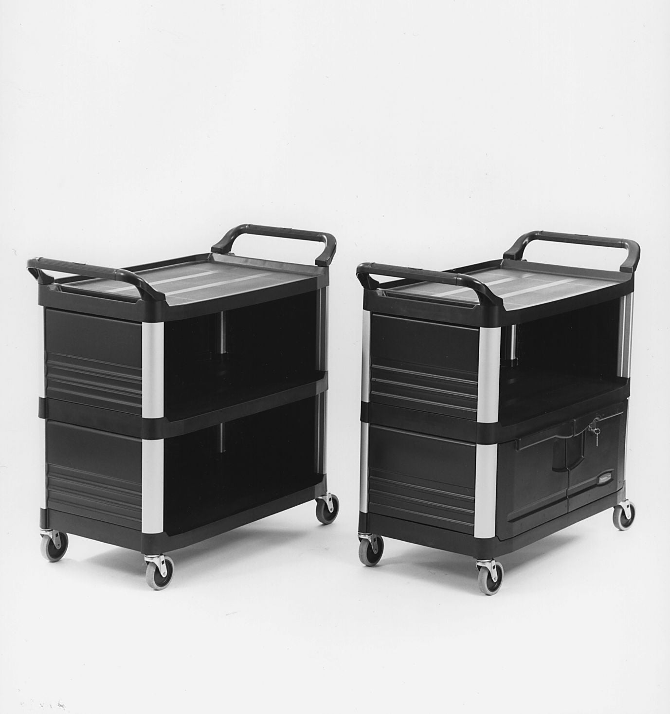 Rubbermaid Xtra Black Utility Carts Three shelves; With lockable  doors/sliding